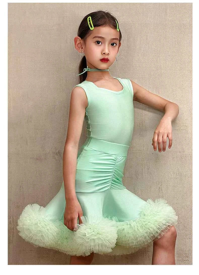 Girls Mint Green Latin Dance Dress - Fluffy Ruffle Performance Wear
