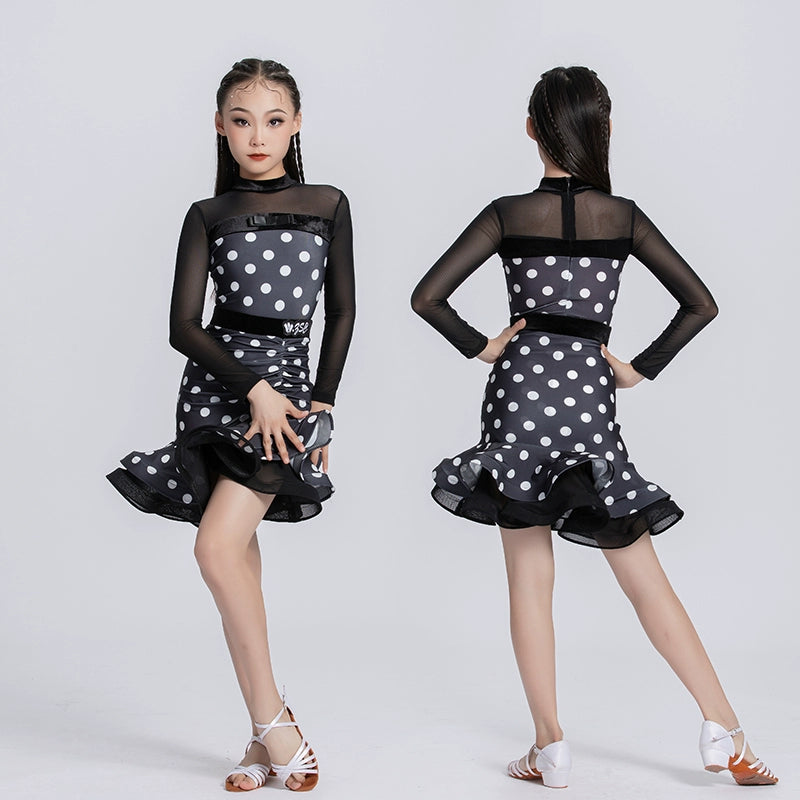 Children's black white polka dot Latin dance dresses school art test clothes salsa chacha latin tap dance Competition performance outfits - Moderndancedress.com
