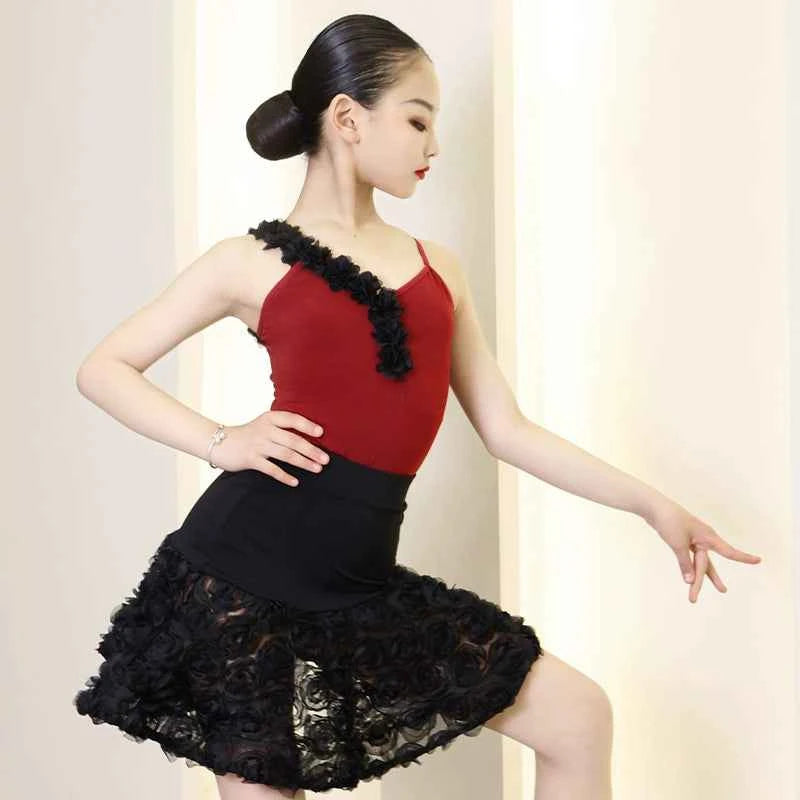 Black with Wine Rose Flowers Girls Latin Dance Dresses Kids Salsa Rumba Performance Costumes for Children