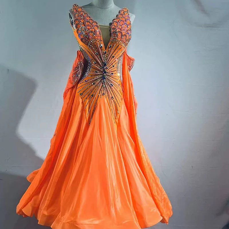 Customized Orange Competition Ballroom Dance Dress Foxtrot Rhythm Waltz Performance Bling Gown