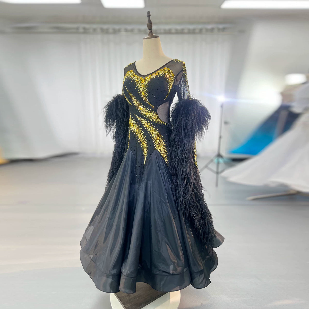 Custom Black and Gold Ballroom Competition Dress with Feathers
