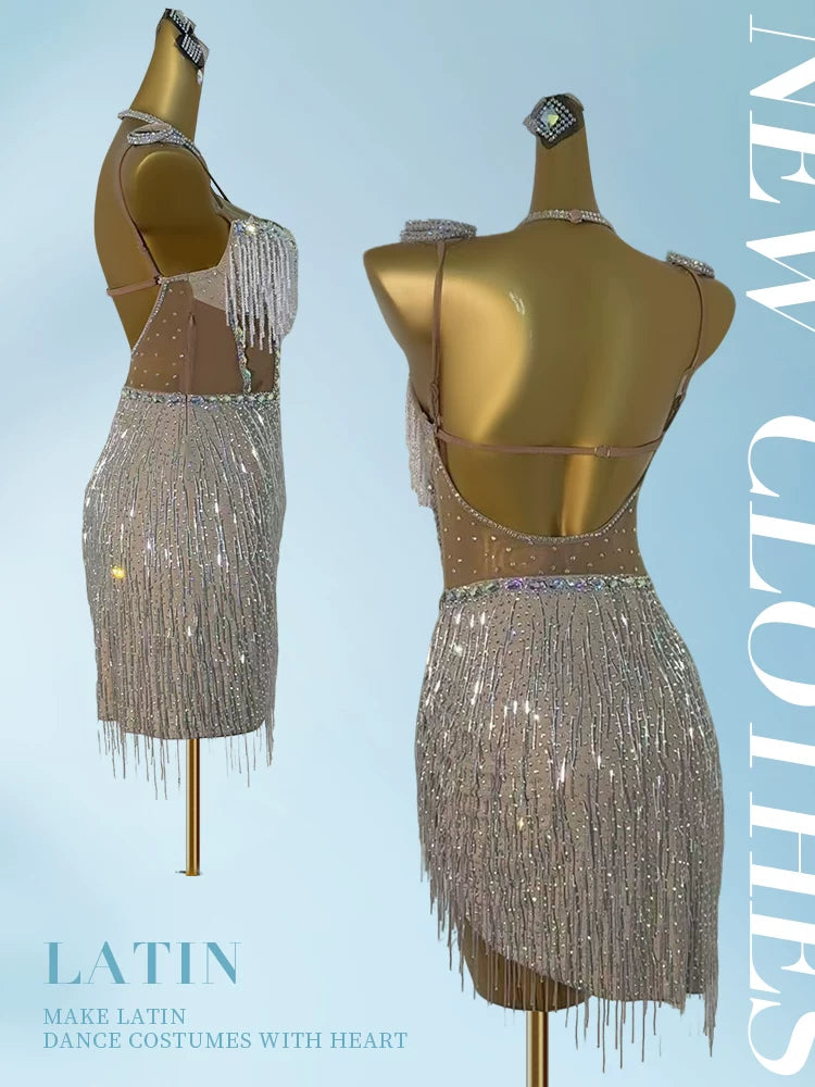 Custom Size Purple/Blue Fringe Latin Dance Dress with Rhinestones