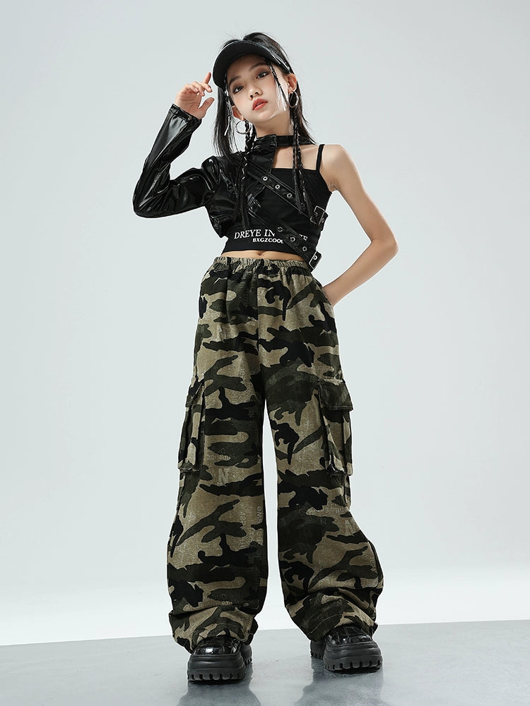 Girls Jazz Dance Costume Kids Rapper Singers Hip Hop Street Dance Outfits Single Sleeve Leather Coat Camouflage Pants - Moderndancedress.com