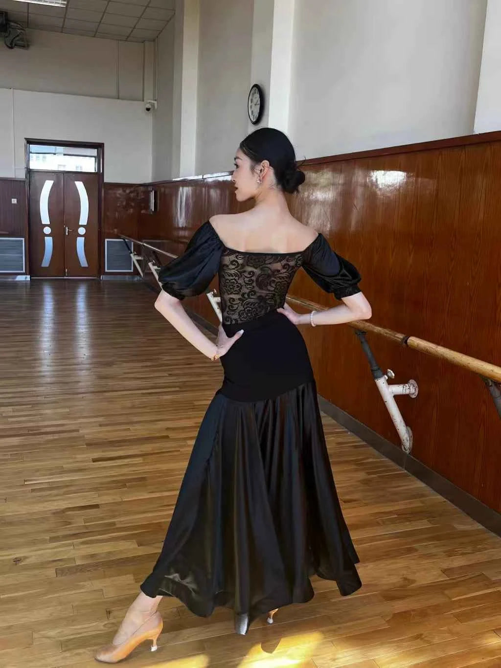 Black Wine Lace Ballroom Dance Dresses for Women Girls Waltz Tango Foxtrot Rhythm Performance Gown