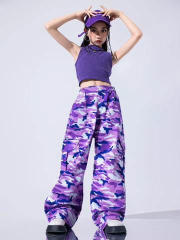 Girls Purple Camo One Shoulder Jazz Dance Costume Street Hip Hop Performance Outfits for Kids Children Gogo Dancers Stage Dance Outfits - Moderndancedress.com
