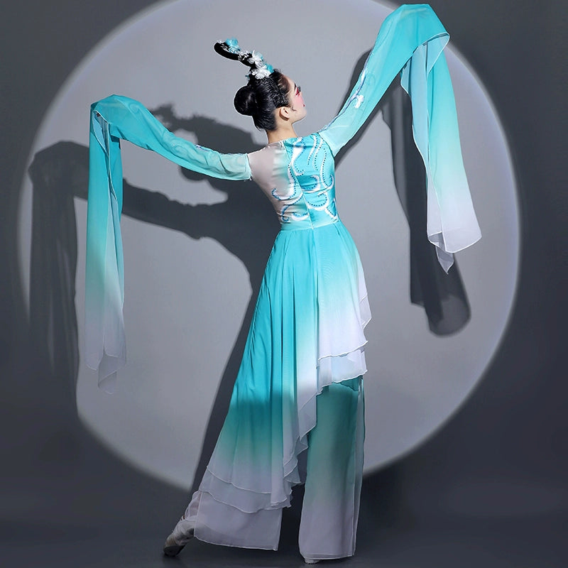 Women chinese folk Water sleeve dance costume blue caiwei dance classical fairy hanfu art test  repertoire performance clothes - Moderndancedress.com
