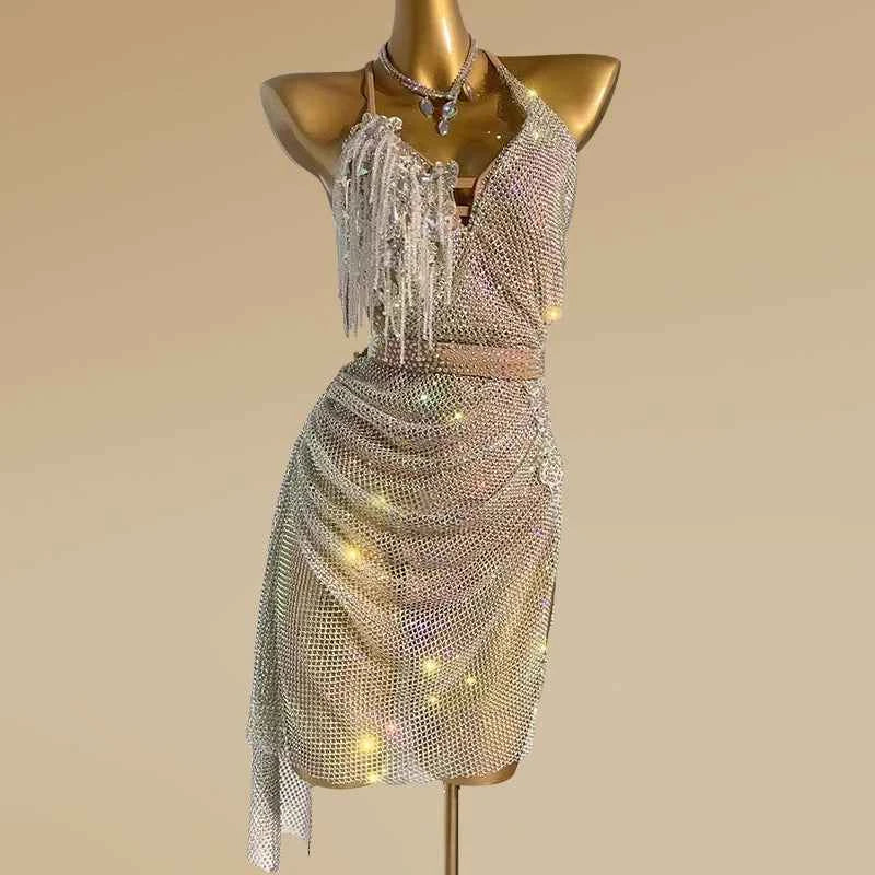 Custom Size Latin Dance Dresses for Women Mesh Diamond Salsa Rumba Chacha Dancing Costumes