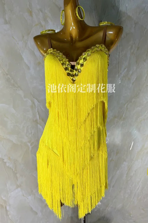 Custom Size Yellow Fringe Diamond Latin Dance Dresses for Women Girls Kids Salsa Rumba Chacha Solo Dance Clothing