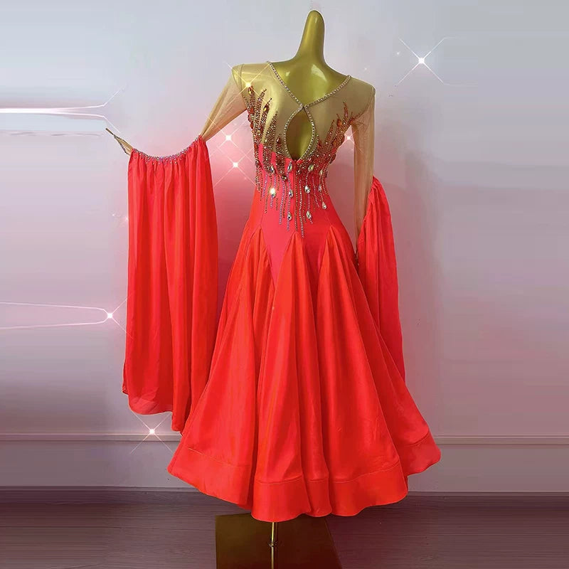 Custom Coral Red Ballroom Dance Competition Dress with Crystals Waltz Foxtrot Rhythm Gown