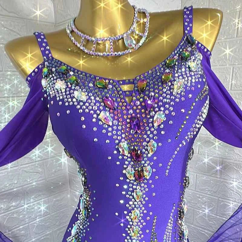 Custom Size Women's Violet Ballroom Dance Dress Bling Smooth Waltz Performance Costumes