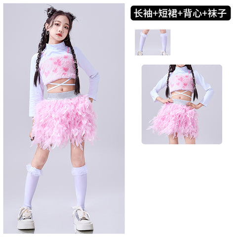Girls Hiphop Dance Costumes Pink Feather Kids Jazz Gogo Rapper Singers Street Dance Suit Walk Show Outfits