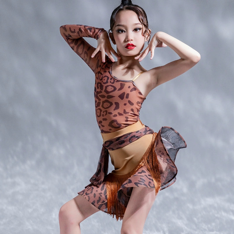 Girls Latin Dance Dresses Brown Leopard Fringe Slanted Shoulder Latin Salsa Cha Cha Performance Art Test Costumes for Kids - Moderndancedress.com