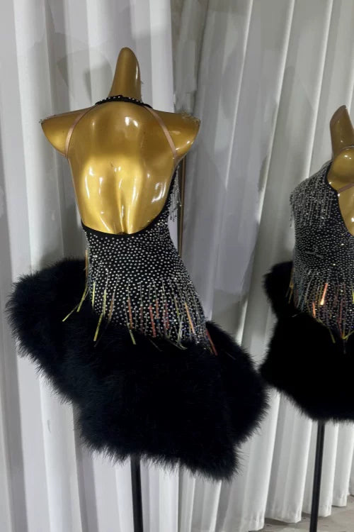 Custom Size Black Feather Competition Latin Dance Dress for Women Salsa Blackpool Dance Costume