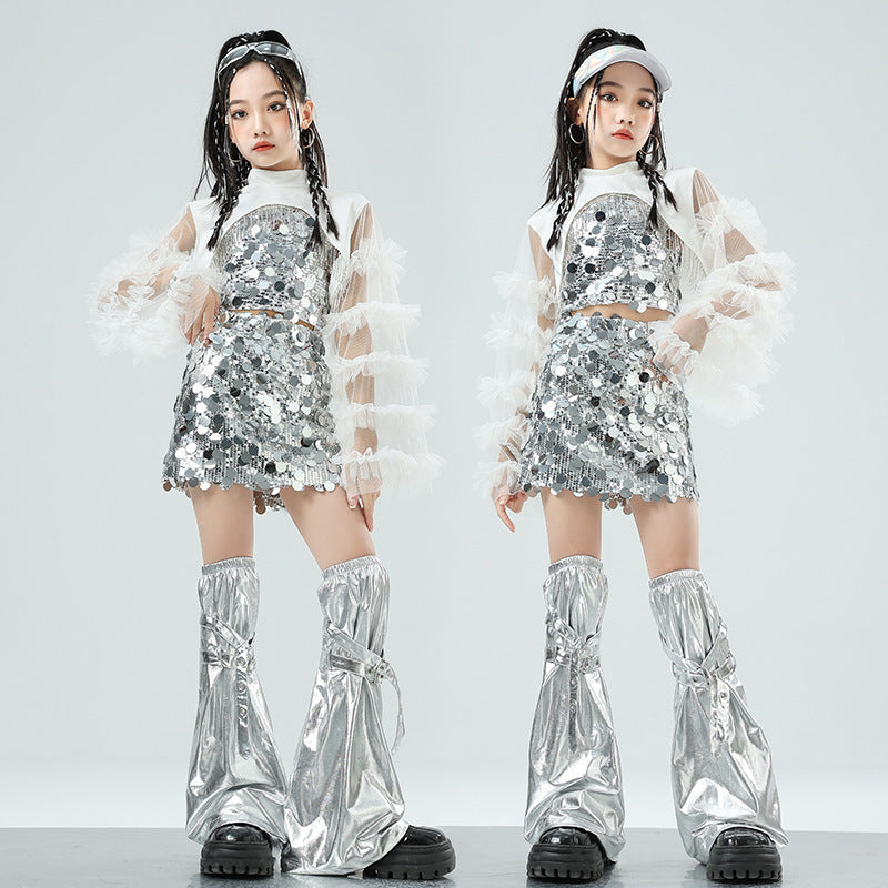 Girls Hiphop Dance Costumes Silver Sequins Glitter Jazz Rappers Singers Gogo Dancers Dance Outfits for Kids - Girls Hiphop Dance Costumes Silver Sequins Glitter Jazz Rappers Singers Gogo Dancers Dance Outfits for Kids -
