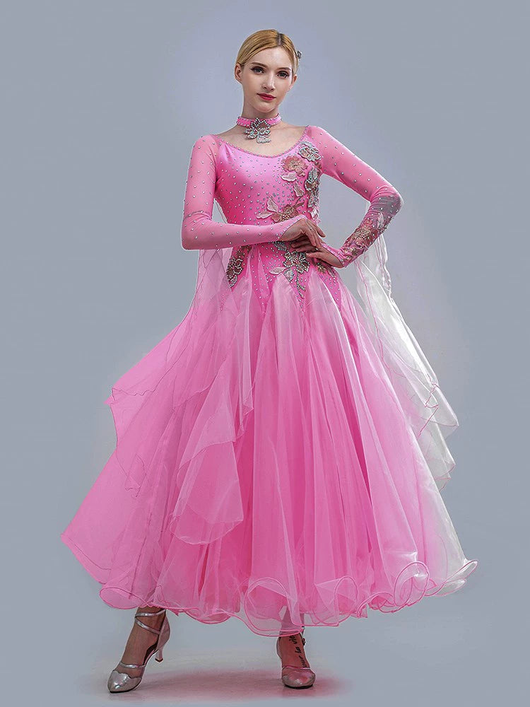 Modem ballroom dance dresses for women girls pink diamond ballroom dancing competition gown waltz tango foxtrot dancing skirt - Moderndancedress.com
