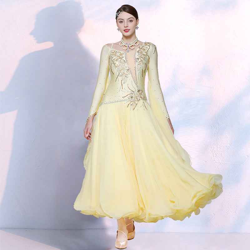 Light Yellow Ballroom Dance Dresses for Women Girls Waltz Tango Foxtrot National Dancing Gown