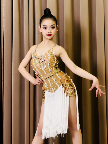 Customized size flesh Latin Competition Tassels dresses for girls Flower Suit senior Professional Art Exam latin salsa rumba chacha Dance Suit - Moderndancedress.com
