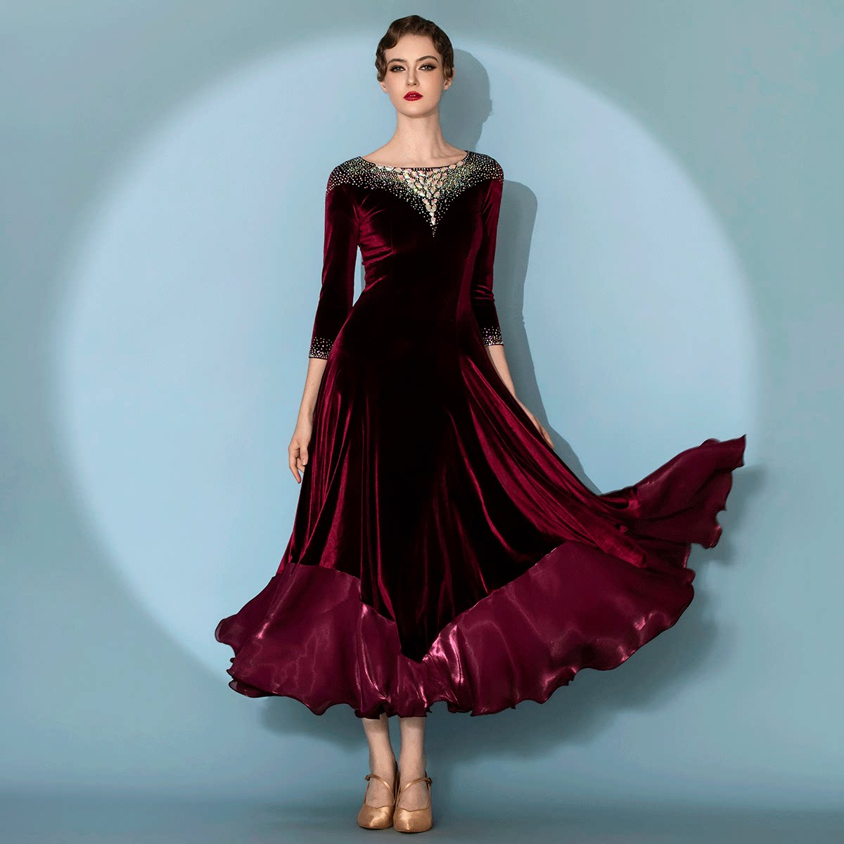 Burgundy Black Velvet Ballroom Dance Dress with Crystal Rhinestone Trim Waltz Tango Dancing Gown