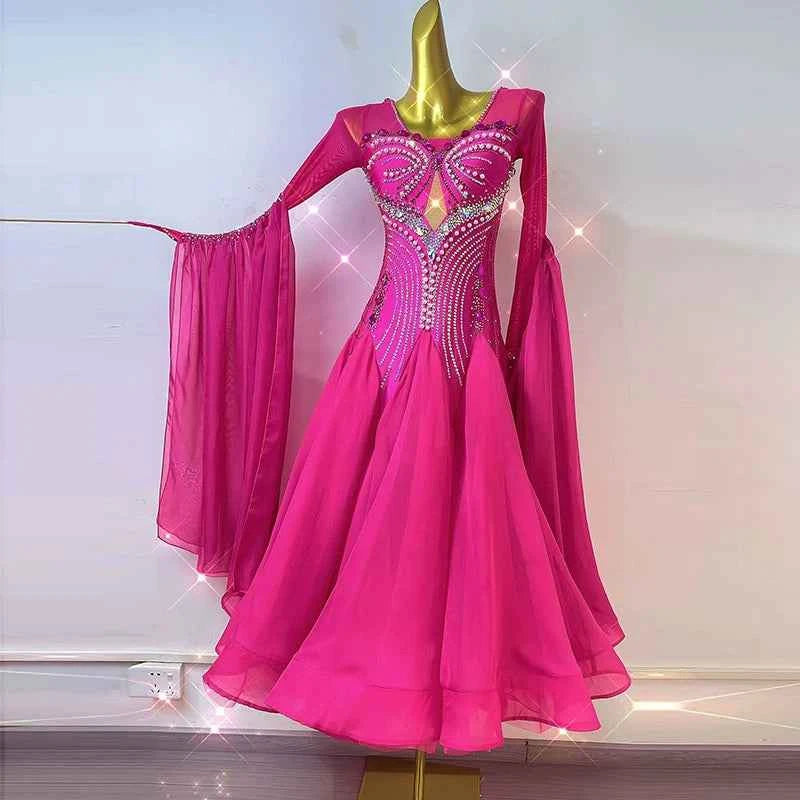 Custom Size Women's Hot Pink Ballroom Dance Dress Rhinestones Smooth Long Sleeves