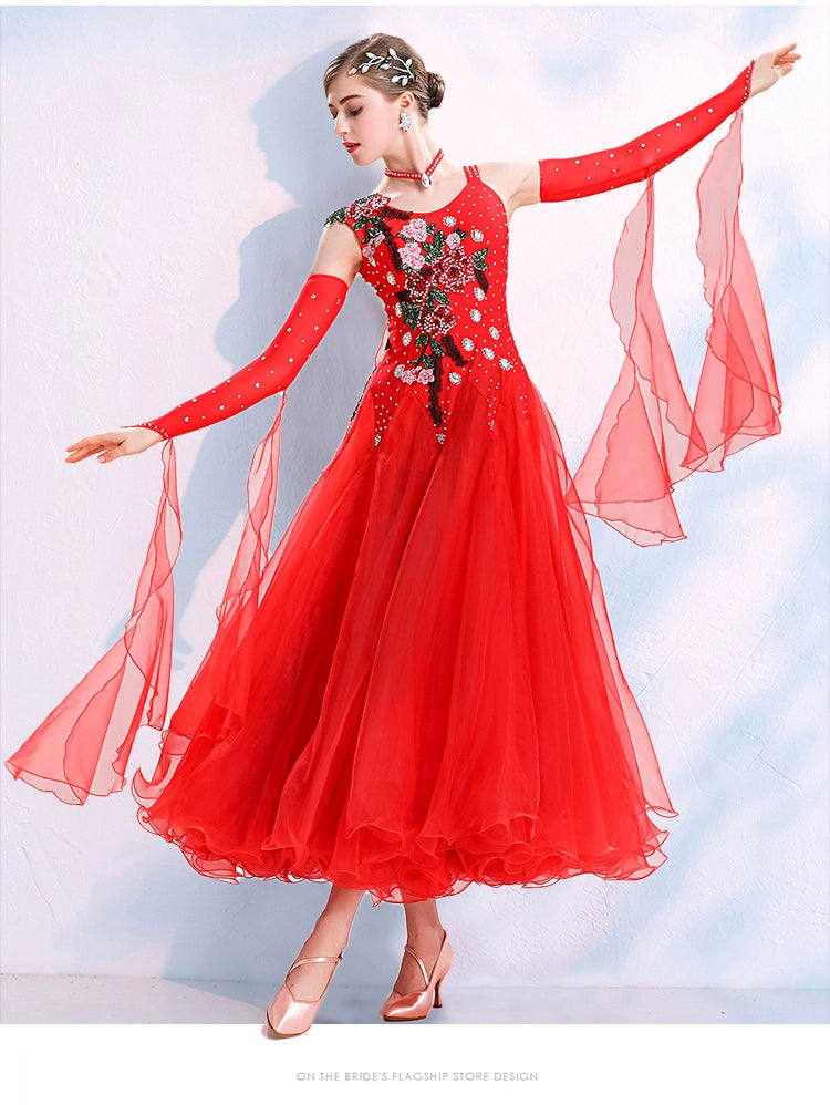 Women ballroom dance competition dresses national red blue purple tango foxtrot smooth waltz dance skirts stage performance gown - Moderndancedress.com