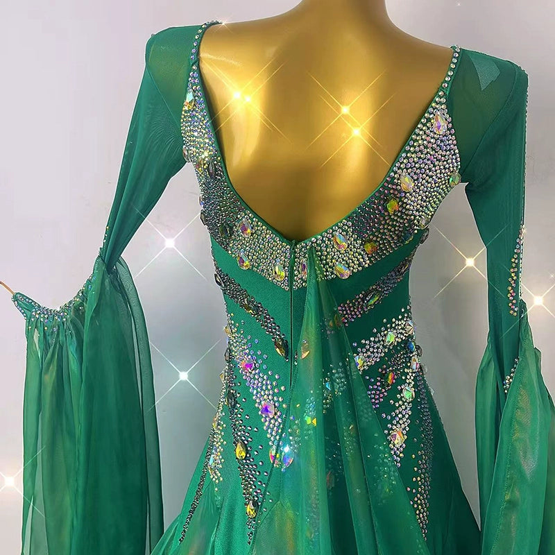 Custom size green competition ballroom dance dresses for women girls waltz tango foxtrot dance long gown - Moderndancedress.com
