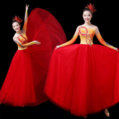 Chinese Folk Dance Costume Atmospheric singing and dancing costumes, opening dance dresses, large-scale adult dance stage dresses - Moderndancedress.com