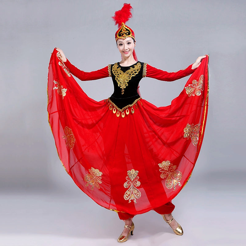 Folk Dance Costumes Dance Costume performance dress female adult ethnic style Uygur modern performance dress big skirt - Moderndancedress.com
