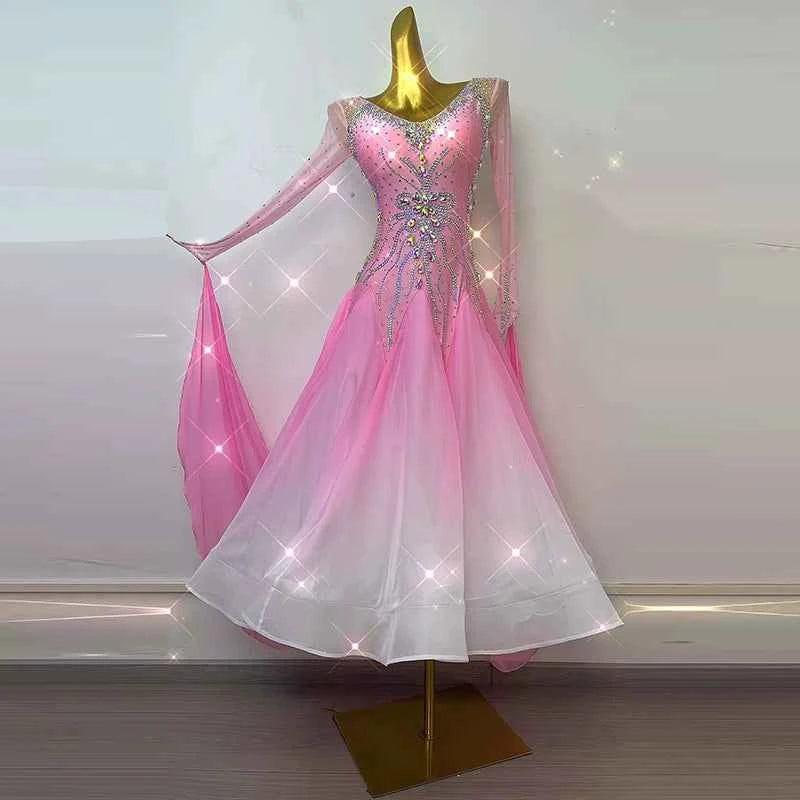 Customized Size Pink Competition Ballroom Dance Dresses for Women Girls Diamond Bling Waltz Tango Foxtrot Dance Long Gown