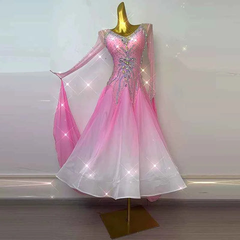 Customized Size Pink Competition Ballroom Dance Dresses for Women Girls Diamond Bling Waltz Tango Foxtrot Dance Long Gown