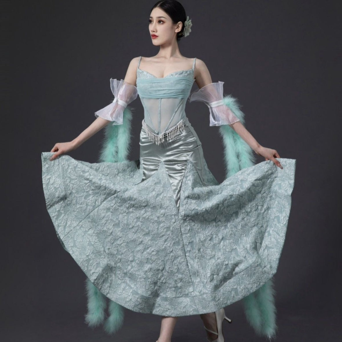 Pink Feather Ballroom Dance Dresses for Women Girls Green National Standard Waltz Tango Foxtrot Smooth Dance Long Swing Skirts - Moderndancedress.com