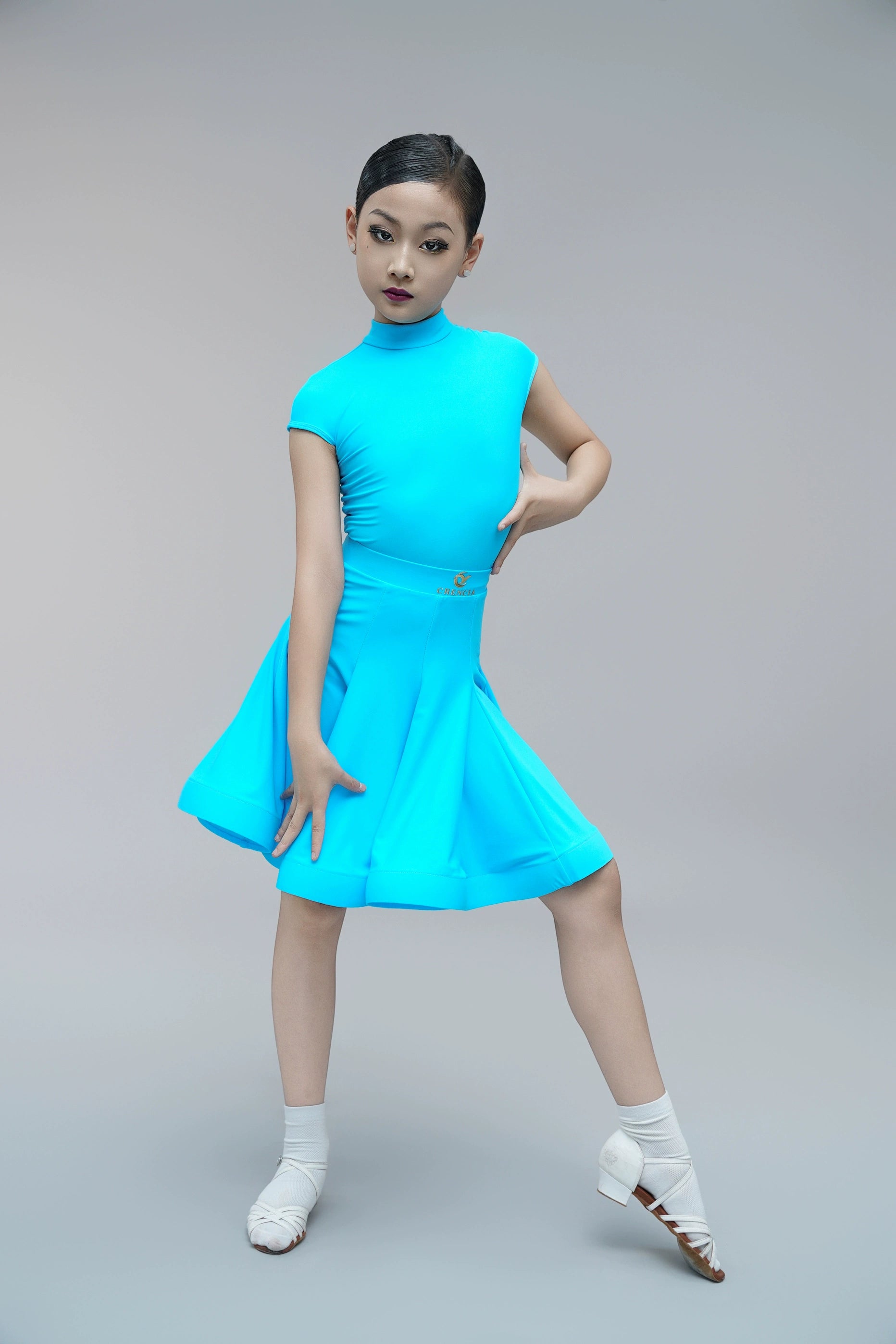 Children's Latin dance dresses for girls kids blue purple white turtleneck latin ballroom salsa competition outfits short sleeve fishbone skirt - Moderndancedress.com