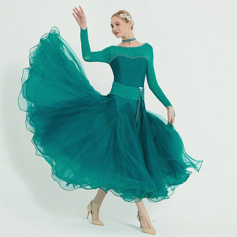 Custom Size Dark Green Red Pink Competition Ballroom Dance Dresses for Women Girls Kids National Waltz Tango Sparkling Dancing Long Gown - Moderndancedress.com