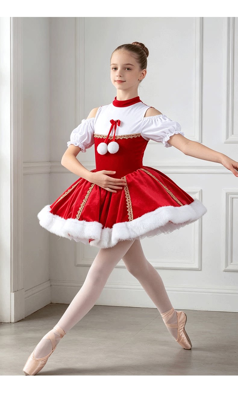 Girls Christmas Ballet Tutu Dress - Kids Nutcracker Performance Costume with Velvet & Fur Trim