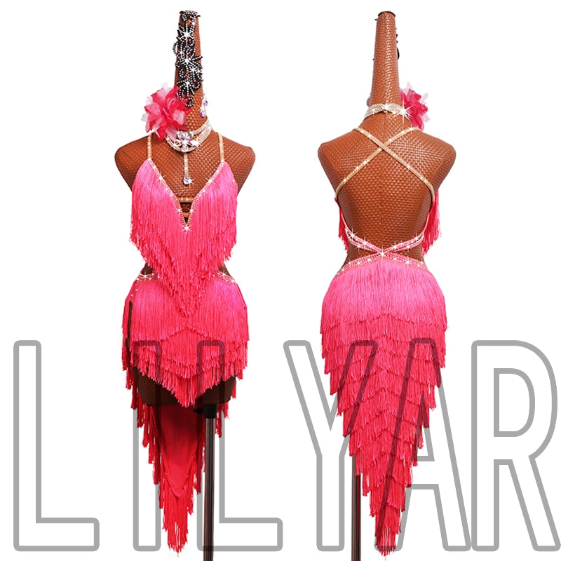 Women girls Professional Latin Dance dresses pink tassels rumba salsa chacha ballroom Show Competition  Sparkling Diamond skirts - Moderndancedress.com