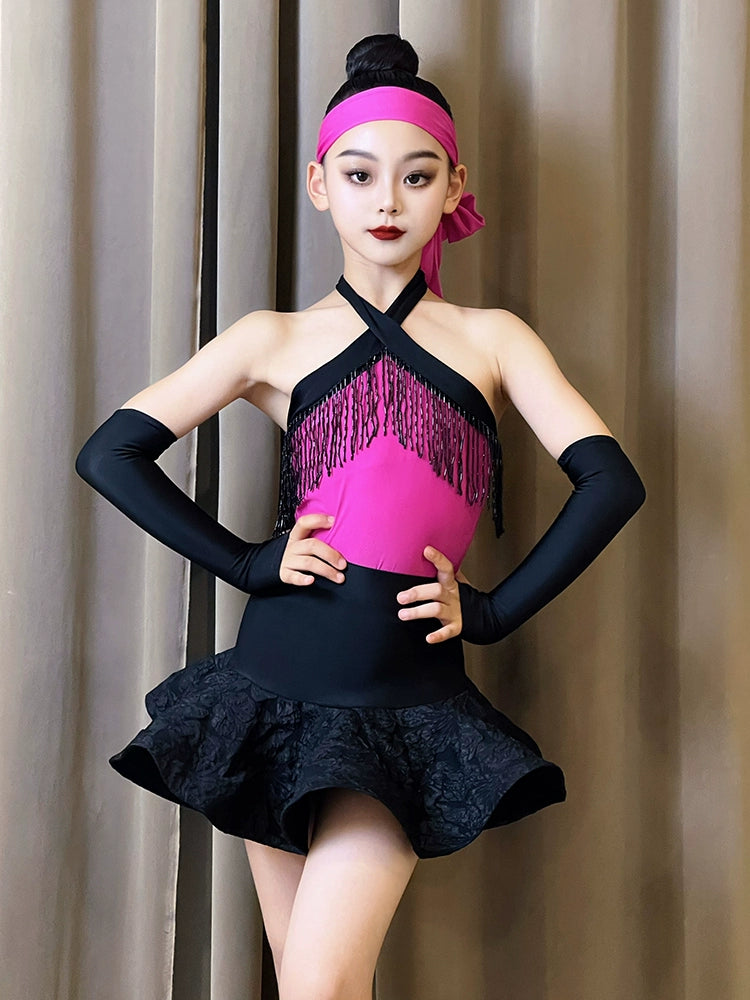 Black with fuchsia fringe Latin dance dresses for kids girls salsa ballroom latin dance practice suit - Moderndancedress.com