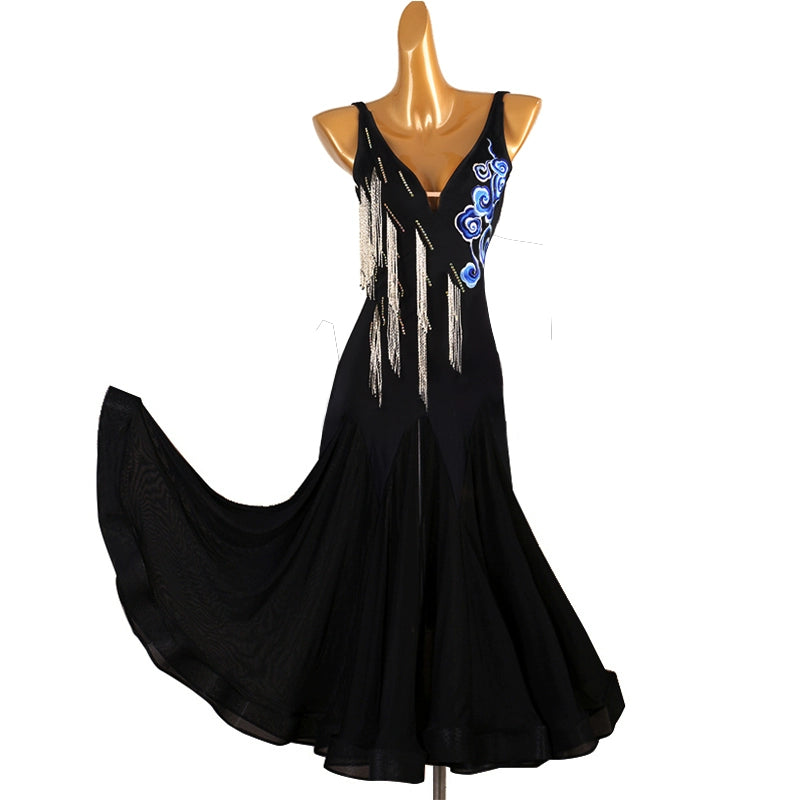 Blue black Modern ballroom dance dresses for women girls sleeveless fringe waltz tango foxtrot rhythm competition gown - Moderndancedress.com