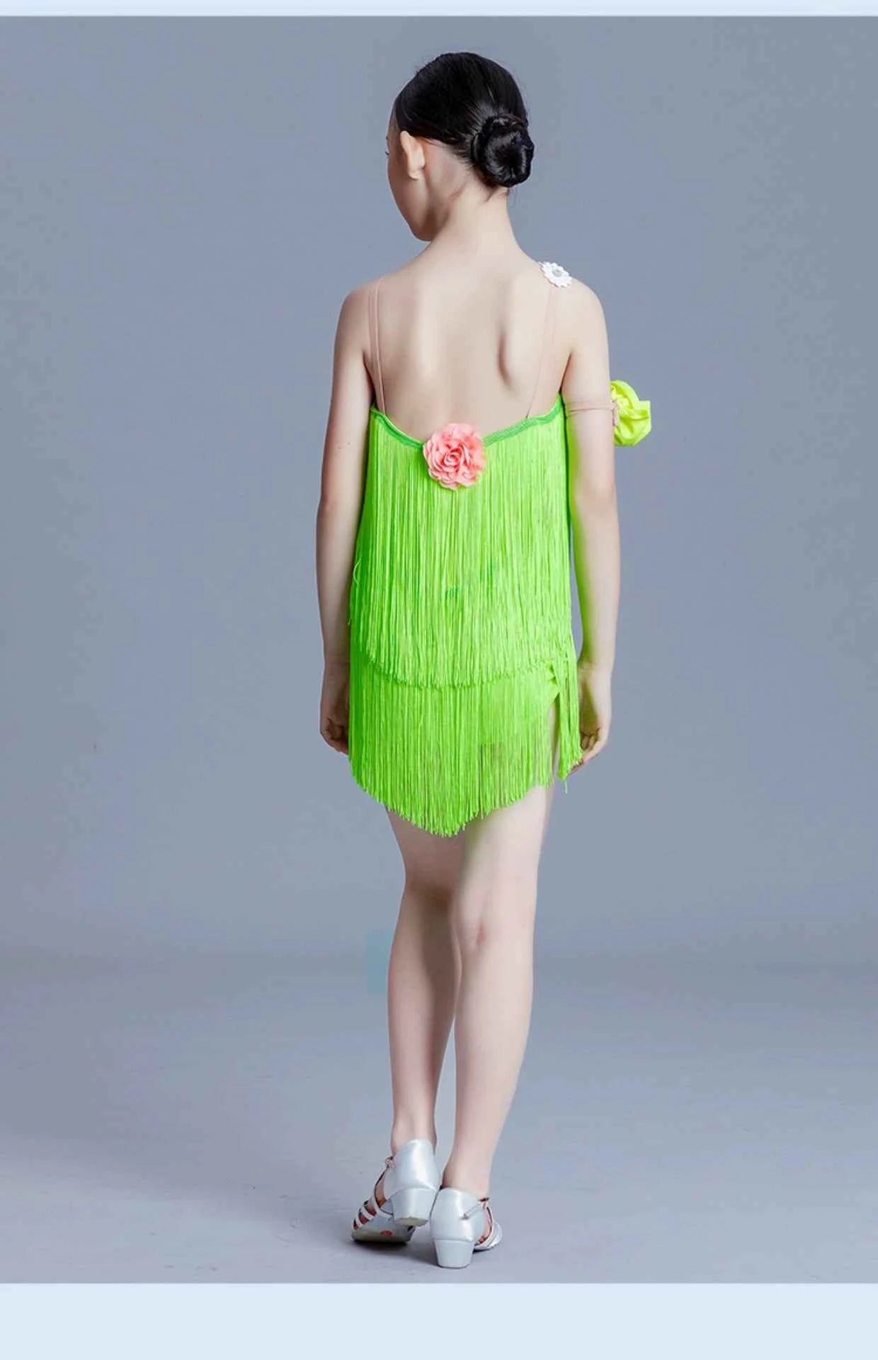 Girls Latin Dance Dresses Blue Green Fringe Competition Salsa Rumba Chacha Performance Costumes for Kids