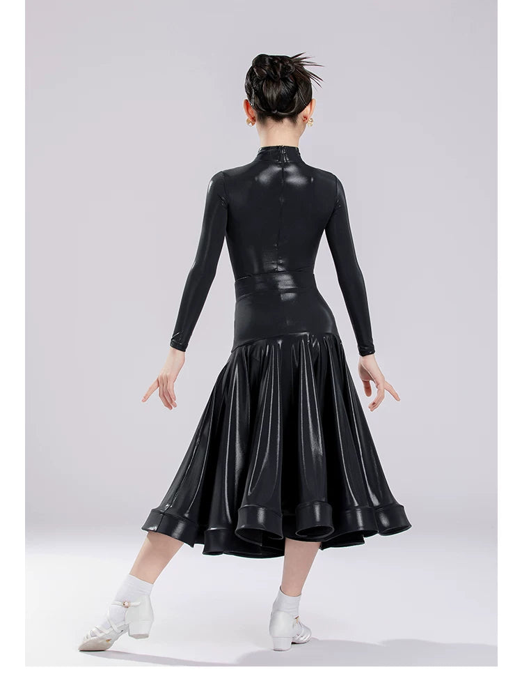 Girls Ballroom Dance Dresses Purple Black Shiny Waltz Tango Foxtrot Long-sleeved Performance Costume