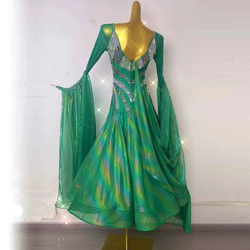 Custom size green competition ballroom dance dresses for women girls waltz tango foxtrot dance long gown
