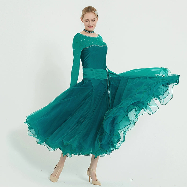 Custom Size Dark Green Red Pink Competition Ballroom Dance Dresses for Women Girls Kids National Waltz Tango Sparkling Dancing Long Gown - Moderndancedress.com