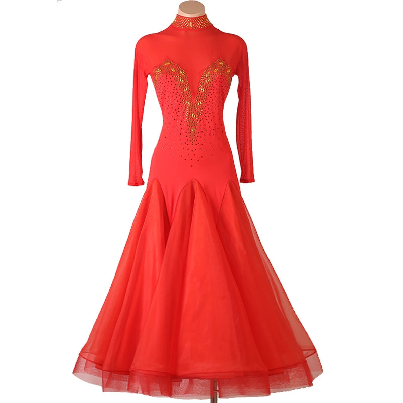Turtleneck Gold Red Black Rhinestones Competition Ballroom Dance Dress for Women Girls Blue Green Waltz Tango Rhythm Performance Gown