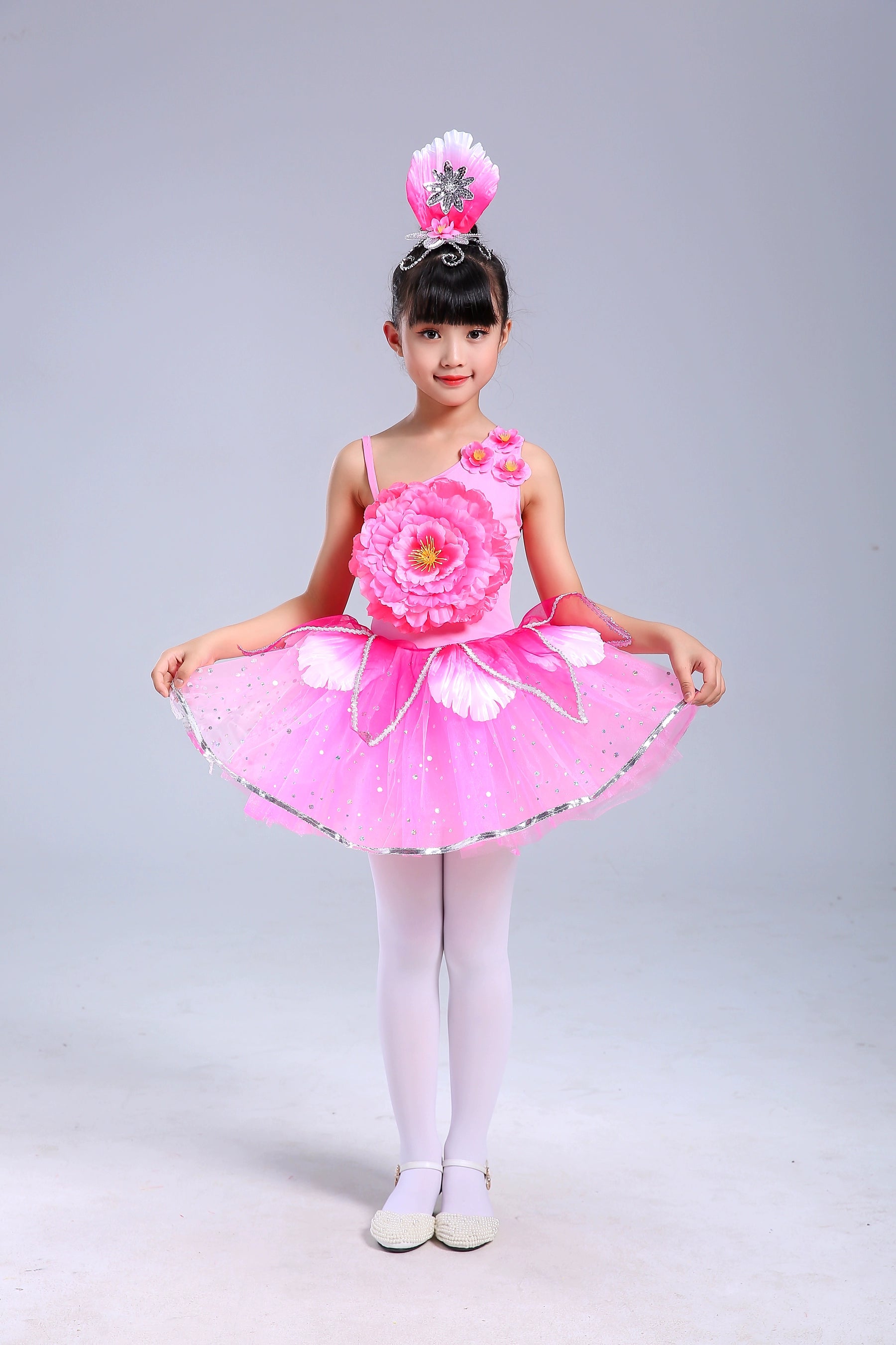 Children's Pink Petals Flowers Jazz Dance Dresses Jasmine Blossom Dance Costume Flower Fairy Tutu Skirts Performance Costume for Kids - Moderndancedress.com