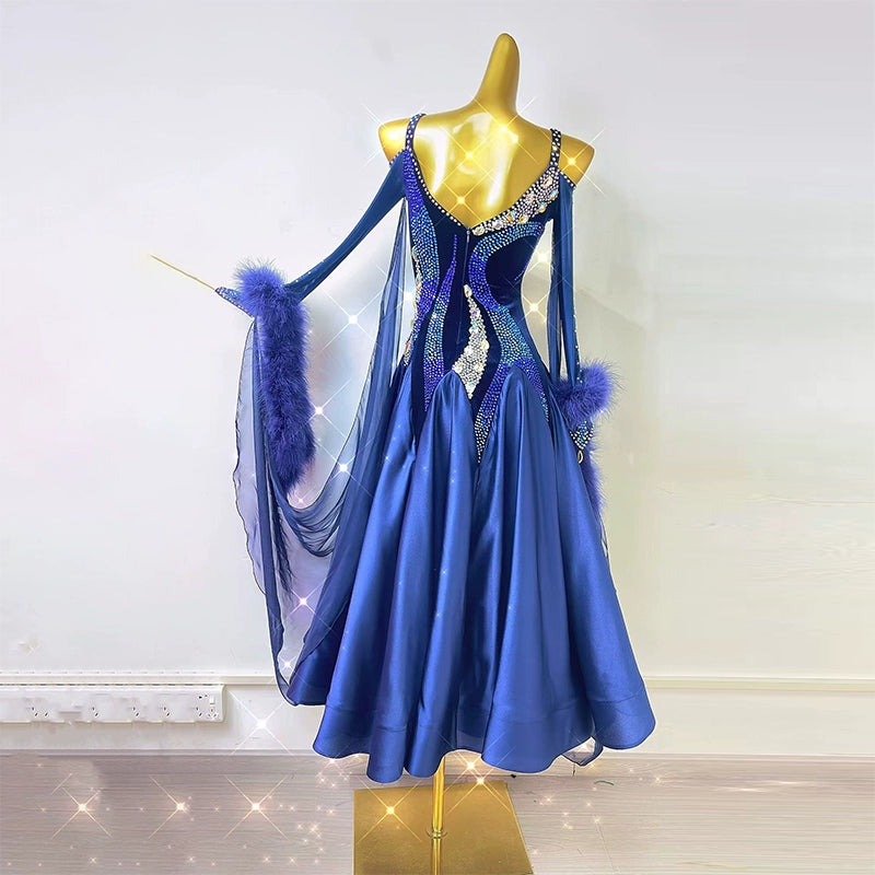 Custom Size Blue Ballroom Dance Dresses for Women Girls Waltz Tango Rhythm Smooth Modern Dance Long Gown for Female - Moderndancedress.com