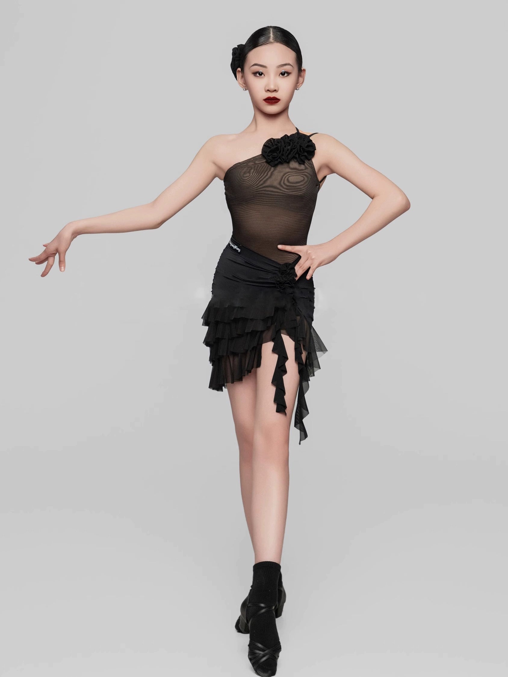 Girls Red black fringe Latin dance costumes slanted shoulders ballroom latin dance skirts  flower practice solo dance suit for kids - Moderndancedress.com
