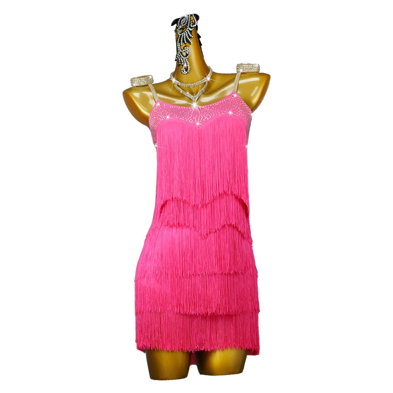 Rhinestones Hot Pink Latin Dance Fringed Dress for Women Girls Salsa Rumba Chacha Solo Dance Clothes