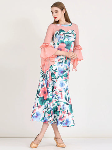 Printing flowers ballroom dance dresses for women girls waltz tango modern dance long gown stage performance practice clothes - Moderndancedress.com