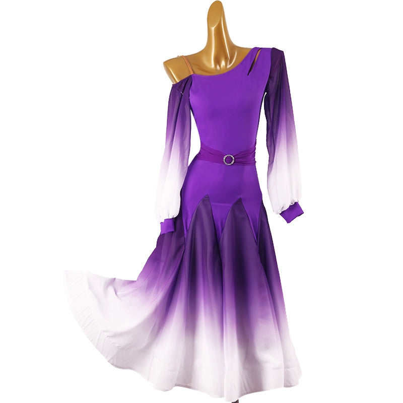 Purple Ballroom Dance Dresses for Women Girls One Shoulder Long Sleeves Slant Neck Waltz Tango Competition Long Gown for Female - Moderndancedress.com