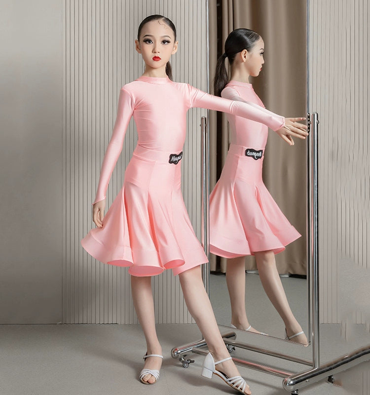 Children's blue pink Latin Dance Costume High Neck Long Sleeve Ultra-Thin Velvet latin ballroom salsa dance dresses for Exam Competition - Moderndancedress.com