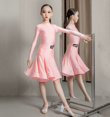 Children's blue pink Latin Dance Costume High Neck Long Sleeve Ultra-Thin Velvet latin ballroom salsa dance dresses for Exam Competition - Moderndancedress.com