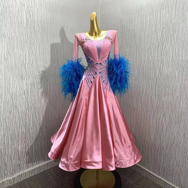 Custom Size Competition Ballroom Dance Dresses Pink Blue Ostrich Hair National Standard Waltz Tango Dance Long Gown